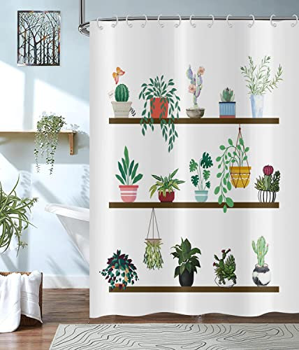 Hnmdmyi Rideau de Douche Plantes 180x200, Rideau de Bain Vert Empoté Feuilles Botaniques Cactus Moderne Frais Blanc Imperméable Polyester Tissu Lavable