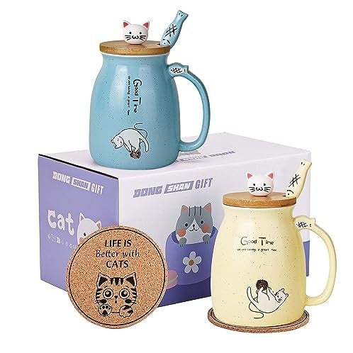 Tazze per gatti Set di 2 Tazza da tè gatto carino Tazza da caffè in ceramica con coperchio e cucchiaio Kawaii Tazze carine per le donne 500ml Natale Compleanno Tazza regalo per gatti (Blu e giallo)