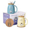 Set de 2 tasses à chat Tasse à thé en forme de chat Tasse à café en céramique avec couvercle Kawaii Mugs mignons pour femmes 500ml Noël Anniversaire Tasse cadeau pour chat ( Bleu et jaune )