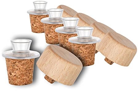 5er-Pack Kunststoff-Ausgießer mit Holz-Deckel und Kork-Stopfen | schmal | geeignet für Öl, Essig, Spirituosen oder Liköre