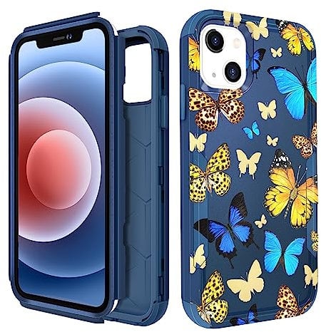 Pegmode for iPhone 14 Case - Heavy Duty Protective Designer Blue Butterflies Cute Cartoon Hard Shockproof Bumper Phone Cases for Apple iPhone 14 for Girly Women Men Girls Boys Teens