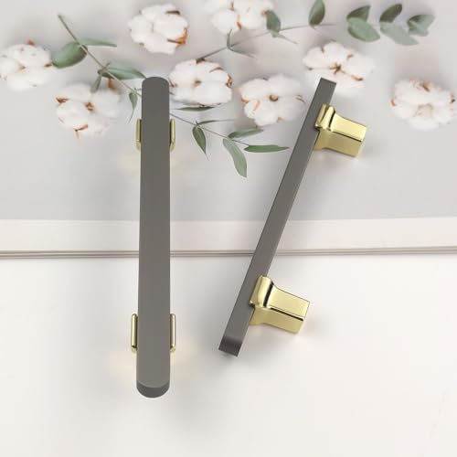Pexintek 2 Pack Cabinet Handles Golden Modern Handles, 96 mm Hole Spacing Furniture Door Handles Kitchen Drawer Handles Vintage Handles (Gold and Grey)