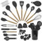 NestBlend Nonstick Black Wooden Kitchen Utensils Set - 38 Pieces Kitchen Utensil Set - Kitchen Gadgets Cookware Set - Cooking Utensils Silicone Kitchen Set - Utensils Set with Holder Heat Resistant.