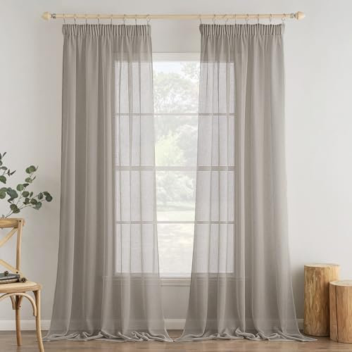 MIULEE 2er Set Voile Vorhang Sheer Vorhang mit kräuselband Transparente Leinenoptik Gardinen Wohnzimmer Modern Fensterschal Schlafzimmer 140x225cm (B x H) Dunkelgrau