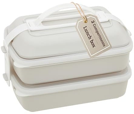 Premier Housewares Minimalist Warm Grey And White Lunch Box With Cutlery| Durable Bento Lunch Box For Travelling | Portable Lunch Box With Compartments For Kids School, Offices