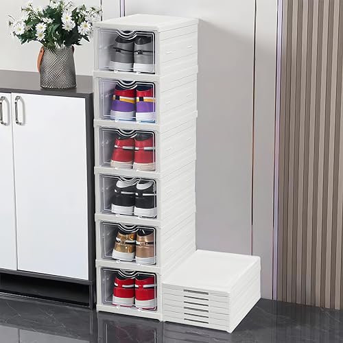 HUAPPNIO Schuh Aufbewahrungs Organisator, Stapelbar Zusammenklappbare Kunststoff Schuhkartons mit Klarem Deckel Keine Montage weiß (6 Tiers)