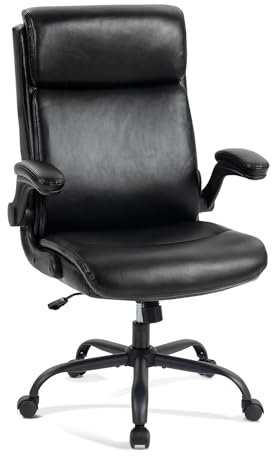 CASTLOVE Bürostuhl Ergonomisch Schreibtischstuhl Chefsessel Mit Gepolsterten Armlehnen Klappbar, Höhenverstellung, Wippfunktion und Kopfstütze Bequem für Home-Office Bürostuhl 150kg Schwarz PU Leder
