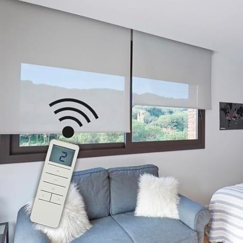 STOR PLANET Motorrollo, Thermo-Rollo mit Akku und Fernbedienung, für große Fenster bis 2 m Breite und 2,5 m Höhe, Grau, 100 x 250 cm