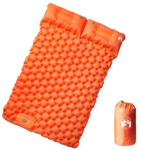 vidaXL Doppel Isomatte, Luftmatratze mit Integriertem Kissen Fußpumpe, Campingmatte Tragbar Selbstaufblasend, Schlafmatte, Orange 40D-Nylon