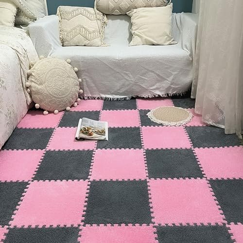 Ineinandergreifende Puzzle-Teppichfliesen, Schaumstoff-Bodenmatte, 30 cm Puzzle-Spielmatten Mit Rand, Wohnzimmer, Schlafzimmer, 80 Teile(Size:0.23 inch,Color:Grau+Rosa)