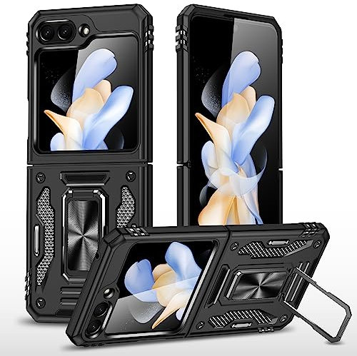AKABEILA Funda Compatible con Samsung Galaxy Z Flip 6 5G Funda híbrida de TPU PC con Soporte Giratorio protección de cámara Deslizante de 6.7 Pulgadas Negro