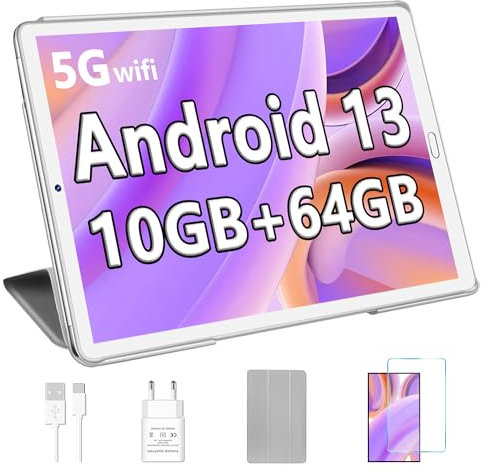 YESTEL X2 Tablet 10 Pollici Android con 4 GB RAM + 64 GB ROM (1 TB TF), Dual Camera WiFi | Bluetooth | 5 MP + 8 MP | GPS | 8000 mAh, Tablet con custodia, Argento