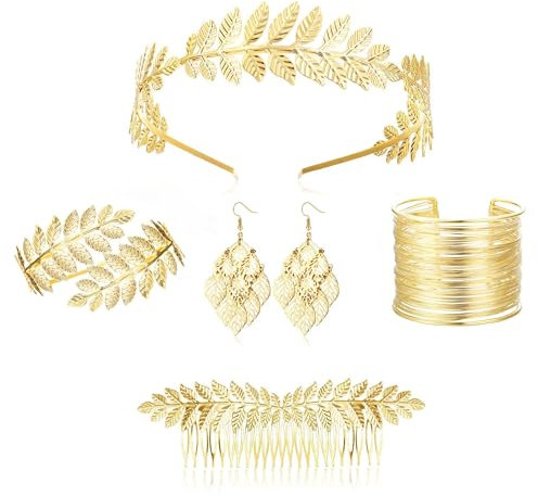 ORAZIO 6Pcs Griechische Göttin Kostüm Schmuck für Damen Gold Leaf Haarreif Oberarmreif Manschette Armband Gold Lorbeerkranz Kopfschmuck Ohrringe Armreif Festival Halloween Toga Kostümschmuck Set