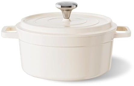 Forno olandese smaltato con coperchio, pentola in ceramica antiaderente da 4,3 litri, pentola per zuppa con doppi manici, pentole per cucinare, cuocere, conservare a freddo e servire (bianco)