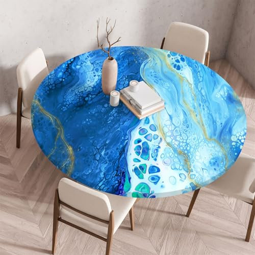 Muiuou Marmordruck Tischdecke Rund, Elastische Rund Tischdecken Abwaschbar Wasserabweisend Tischtuch, Dauerhaft Kratzfest für Wohnzimmer Esszimmer Garten