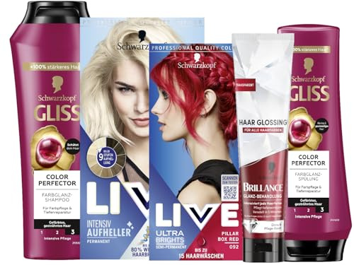 Schwarzkopf LIVE Ultra Brights PROFI-SET mit Haartönung 092 Pillar Box Red & Aufheller Max Blonde 00B, Blondierung & GLISS Shampoo & Spülung Colour Perfector & BRILLANCE Haar Glanz Glossing Neutral