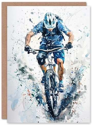 Greeting Card Mountain Biker Action Shot Paint Splat Portrait For Him Man Birthday Card