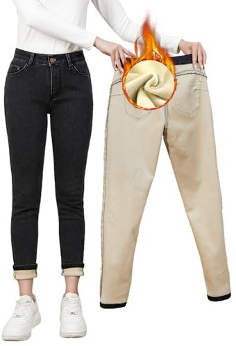 Merlvida Jeans Termici Donna Vita Alta Push Up, Pantaloni Jeans Foderati Invernali, Jeans Aderenti con Interno in Pile, Leggings Felpati in Denim Elasticizzati e Caldi