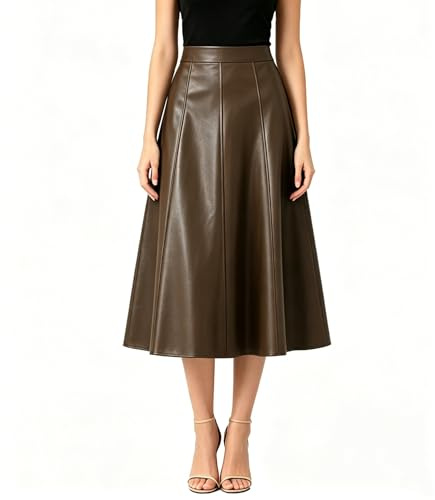 DINGJIUYAN Faux Leather Skirt High Waist A-Line Midi Skirts Autumn Winter Spring PU Leather Skirts for Daily Office Holiday Khaki