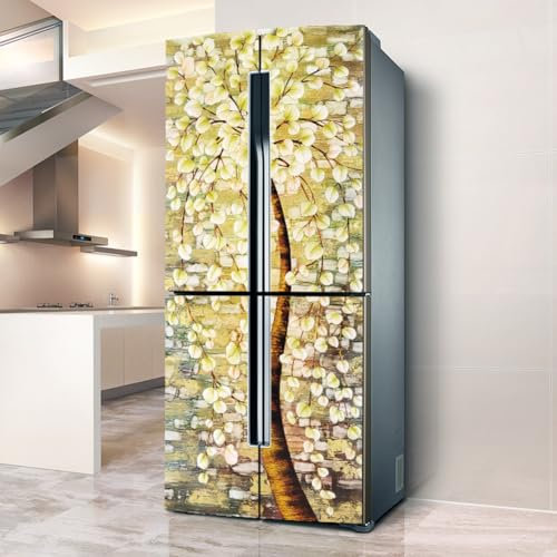 Golden Leaves Tree Fridge Wraps Kitchen Stickers - Full Door Covering for Fridge & Freezer - Wall Decal for Kitchen Decor