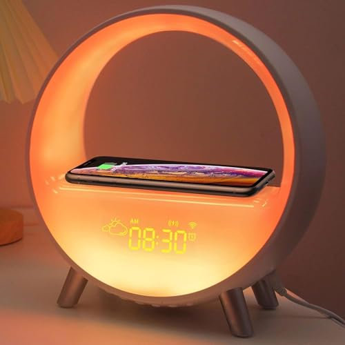 Wake Up Clock with Snooze Mode, Smart Sunrise Alarm Clock, Wireless Charging Rhythm Atmosphere Lamp, 9 Light Mode & 7 Natural Sounds, Bluetooth Speaker LED Night Light