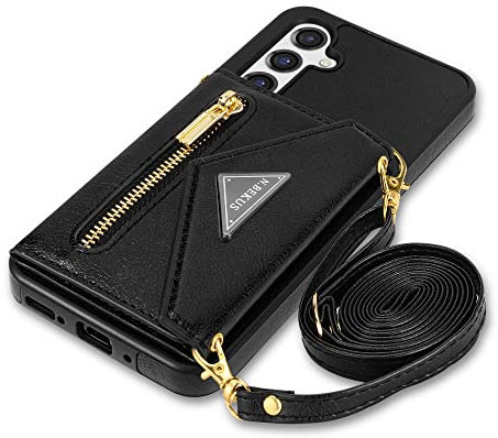 GUVAGI für Samsung Galaxy A55 5G Hülle mit Band Handykette Handyhülle,Flip 4-Karten Leder Klappbar Reißverschluss Handytasche Mädchen Case mit Abnehmbar Kette Schnur Tasche Hinten Umhängen (Schwarz)