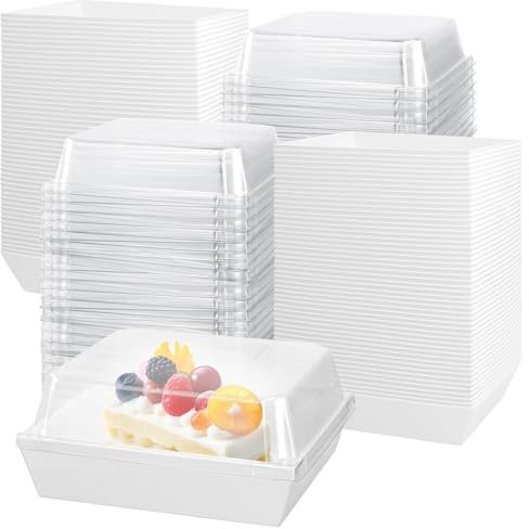 FUNSUEI 100 PCS Cake Slice Boxes with Clear Lids, White Charcuterie Boxes | 11x12x6.5cm, Square Dessert Box for Cake Shop, Swiss Roll, Salad, Cookie, Dessert