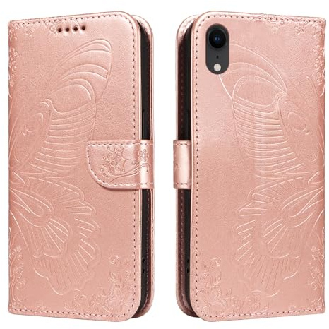 NEXCURIO Handyhülle für Apple iPhone XR Hülle Klappbar Schmetterling mit Kartenfäch Klapphülle Leder Schutzhülle Wallet Flip Case Cover Handy Tasche Handytasche - Rosa Gold