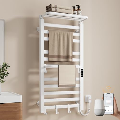 EMKE Scaldasalviette elettrico da bagno, 1000 x 500 mm, intelligente a temperatura costante, scaldasalviette elettrico con ripiano, Right 280 W, bianco