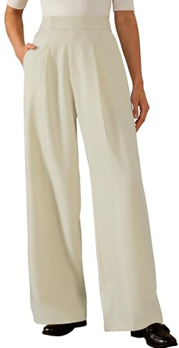Arach&Cloz Women's Wide Leg Pants Wrinkle-Free Pleated Business Casual Work Dress Pant Trousers Slacks with Pockets Regular Length Off-White L