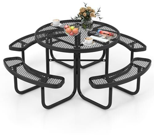 GOPLUS Picknicktisch Set, Campingtisch für 4-8 Personen, runder Esstisch Outdoor mit 4 Bänken, robuster Metalltisch mit Schirmloch, Gitter-Design für Garten, Pool, Rasen, Terrasse, Schwarz