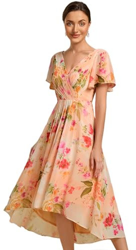 Ever-Pretty Robe Femme Été A Line High Low Col V Manches Courtes pour Mariage Mère Imprimé Pêche 44