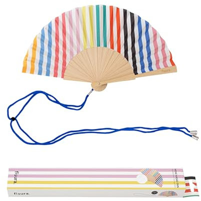 FISURA Éventail original à rayures multicolores. Éventail en bois moderne et coloré. Mini ventilateur à main rose. Crochet inclus. Dimensions : 34,5 x 23 cm, Mini, rayures, Taille Unique