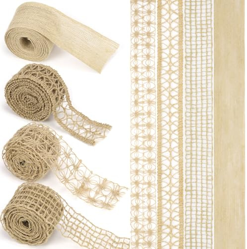 Swpeet Lot de 4 rouleaux de ruban en dentelle Burlap - Artisanat - Ruban en maille naturelle - Pour couronnes, arcs, ferme, fête, décoration d'intérieur