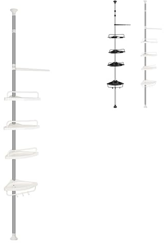 XUANYU 2 en 1 Étagère de Douche Télescopique et Porte-Serviette, Étagère de Douche Hauteur Réglable en 105 à 310 cm, Etagère d'Angle avec 4 Paniers et Crochets (Blanc)