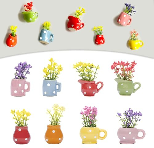 8Pcs Mini Vase Fridge Magnets, Cute Tiny 3D Faux Ceramic Flower Magnets, Fridge Magnetic Bud Vases, Funny Gift for Mum, Miniature Vases Decorations for Kitchen Refrigerator Locker Office Decor