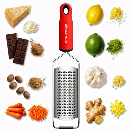 ELEGANCIO Edelstahl Käsereibe + gratis Mini Reibe Parmesanreibe Küchenreibe feine Ingwerreibe Muskatnuß Reibe Multireibe Zitronen Zester Handreibe mit Schutzabdeckung (Rot)
