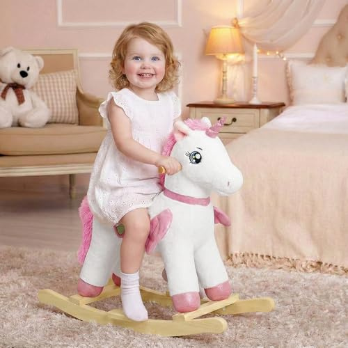 FUNLIO Einhorn-Schaukelpferd für Babys, Regenbogenfee-Einhorn-Schaukelpferd für Kleinkinder 1-3 Jahre, Plüsch-Reittier, Einfach zu montieren, 64x32.2x61.5cm