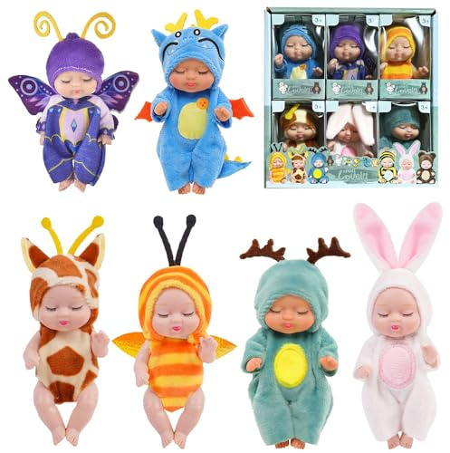 KUWUNG Mini Baby Puppe, 6 Stück Babypuppen mit Puppenkleidung, Realistische Mini Puppe, Rebirth Puppen, Kleine Reborn Puppenspielzeug Geschenk für Kleinkinder, Mädchen und Jungen (D6)
