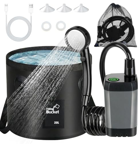 Doccia da Campeggio con Secchio Pieghevole 20L, 6000 mAh Doccia Ricaricabile Portatile con Doppio Display Digitale e Temperatura, Impermeabile IPX7 Doccia Esterna per Spiaggia, Auto, Animali, Giardino
