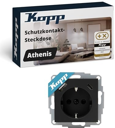 Kopp ATHENIS Unterputz-Steckdose mit USB A & USB C in Anthrazit – Schutzkontakt-Steckdose mit integrierten Ladebuchsen – 16 A / 250 V~ IP20 – Steckklemmen & erhöhter Berührungsschutz
