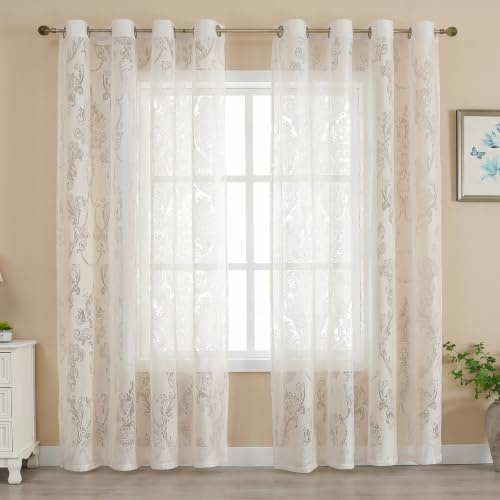 Gazal Vole Beige Jacquard Vorhänge mit 4 cm Ösen, 2er Set halbtransparente Polyester Gardinen mit Damastmuster, H 213 x B 132 cm, lichtdurchlässige Stores für Wohnzimmer Schlafzimmer Esszimmer