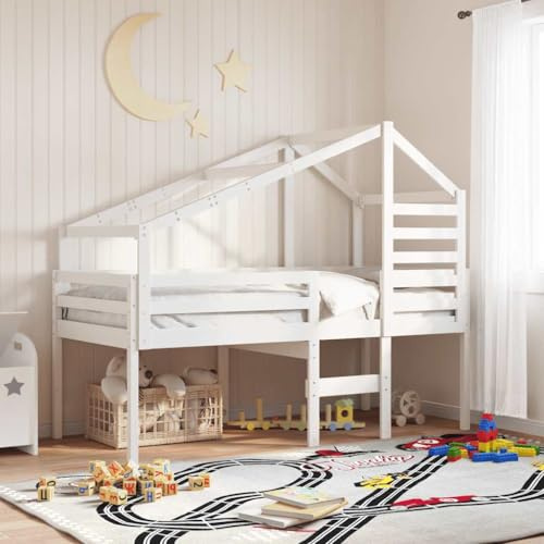 Ziaphsol Lit pour enfant avec toit blanc en pin massif 198 x 97 x 113 cm, design ouvert, complément assorti aux accessoires de lit, cadre de lit, cadre de lit, sommier à lattes, aire de jeu de moins
