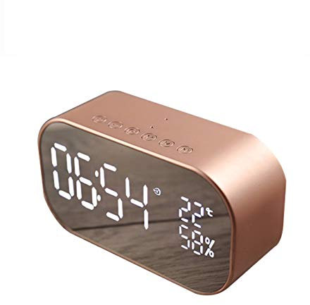 Digital LED Alarm Clock Wireless Radio Bluetooth Speaker with USB Bedside Phone Laptop,Temperature/3 Diammble LED Light/Mirror/Handsfree Calling for Bedroom (Rose Gold)