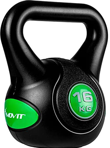 MOVIT Kettlebell STYLISH BLACK, Kugelhantel mit Bodenschonender Kunststoffhülle, 2 bis 20 kg, Schadstoffgeprüft, 16 kg Grün