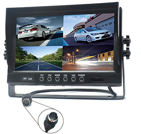 Pardarsey 9 TFT LCD Car Rearview Quad Split Monitor,Remote Control, 4 Channels 4-PIN Connector Video Inputs Shockproof - 12V-24V 800480HD Screen w/Sunshade Anti-Glare