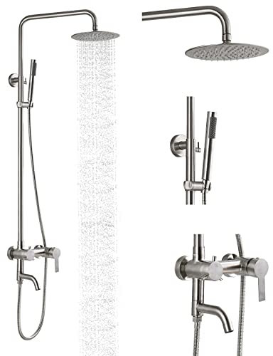 Edelstahl SUS304 Dusche Wasserhahn 8 Zoll Regen Duschkopf Zylinder Griff Gebürstetes Nickel Freiliegende Dusche Halterung Wandhalterung Duschsystem Mit Handbrause