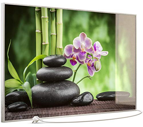 STEINFELD Heizsysteme® Glas Bild Infrarot Heizung mit Thermostat 350,500,600,750,900,1200 Watt viele Motive Rahmen silber/alu (900 Watt, 055 Zen Basaltsteinen)