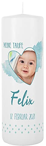 Striefchen® Taufkerze mit Foto, Namen u. Taufdatum, blau 8 x 25 cm Herz mit Engelsflügeln