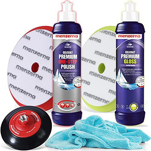 Detailmate Menzerna Bootspolitur Ultra Glanz + Zubehör Set - 250ml: Gelcoat Premium One Step Polish + Gelcoat Gloss + Passende Pad Polierschwämme + Stützteller + Poliertuch